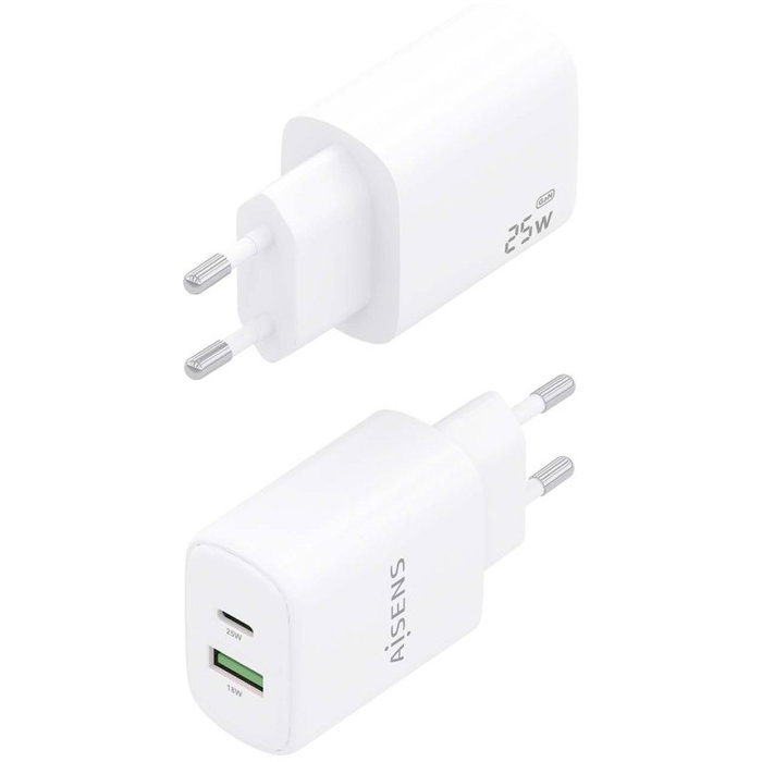 Aisens Cargador GaN 25W con USB-C PD3.0 y USB-A QC3.0, Blanco